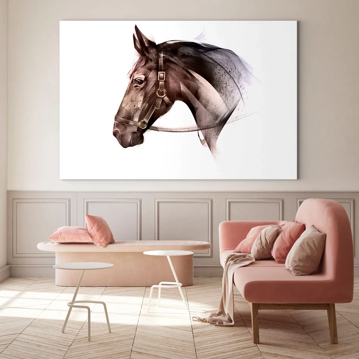 Quadro em vidro - Retrato de cavalo em estilo artístico em um fundo branco - 70x50cm - Que charme - Decoração de parede moderna para a sala de estar e quarto ARTTOR
