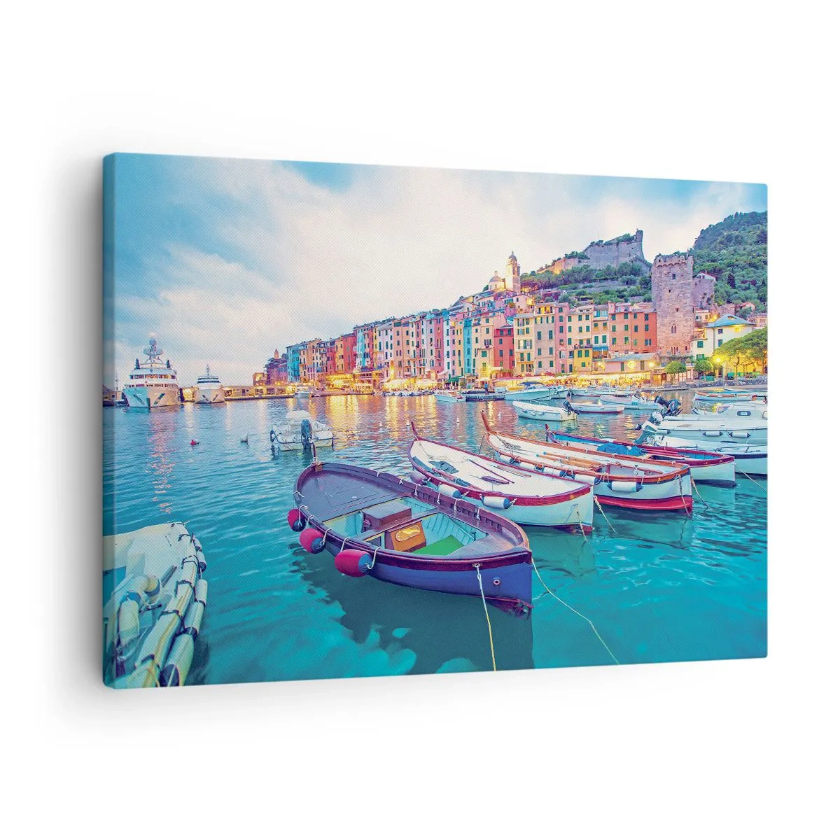 Quadro em tela - Uma cidade costeira colorida com barcos no porto - 70x50cm - Uma noite colorida no porto - Decoração de parede moderna para a sala de estar e quarto ARTTOR