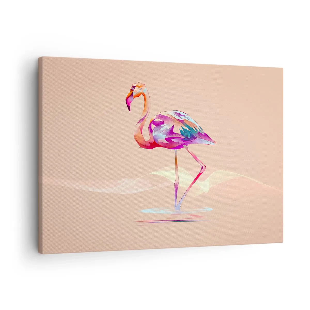 Quadro em tela - Um flamingo abstrato em cores claras e pastéis. - 70x50cm - A ave das boas emoções - Decoração de parede moderna para a sala de estar e quarto ARTTOR