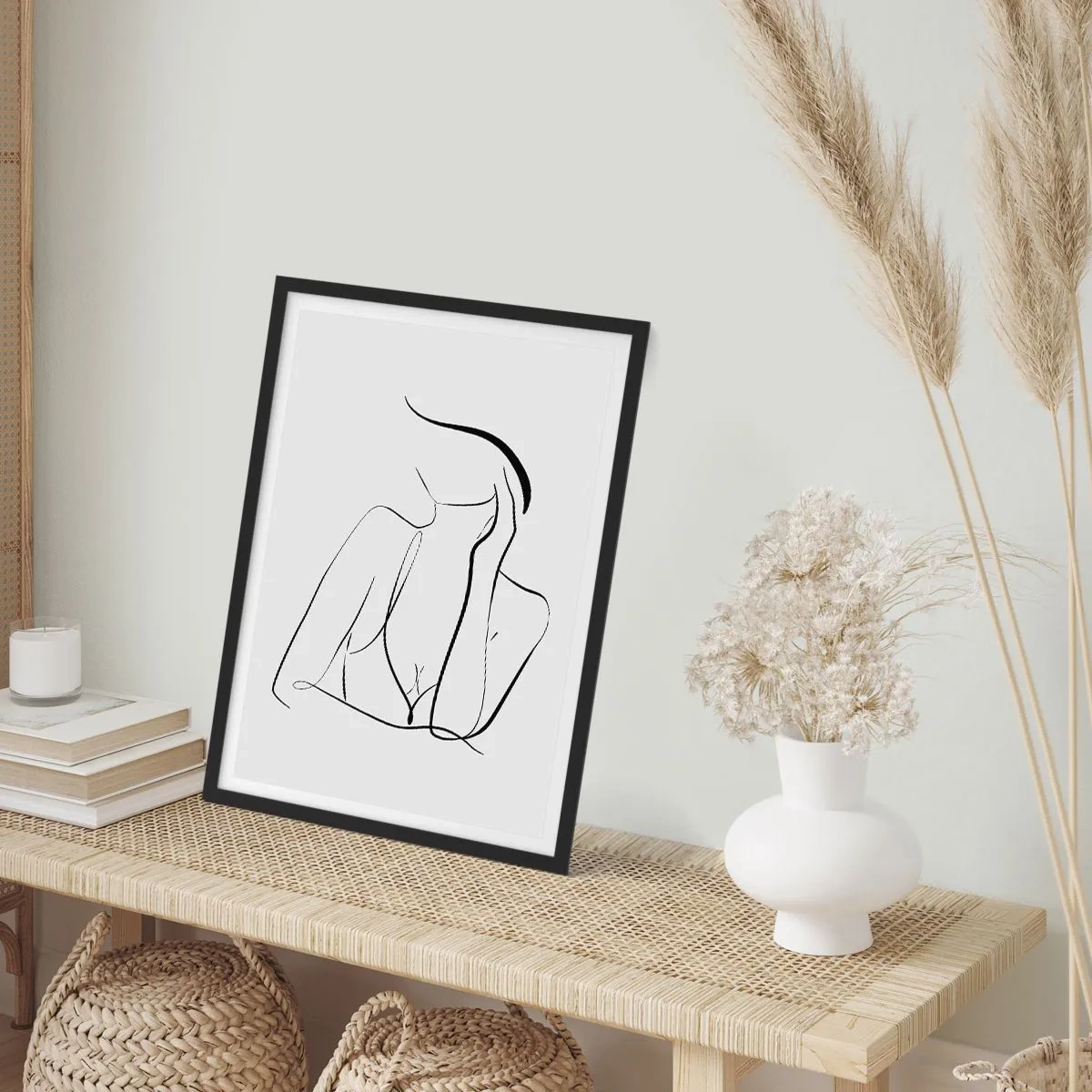 Pôster com moldura preta - Uma linha minimalista representando a silhueta de uma mulher - 50x70cm - Na onda dos sonhos - Decoração de parede moderna para a sala de estar e quarto ARTTOR