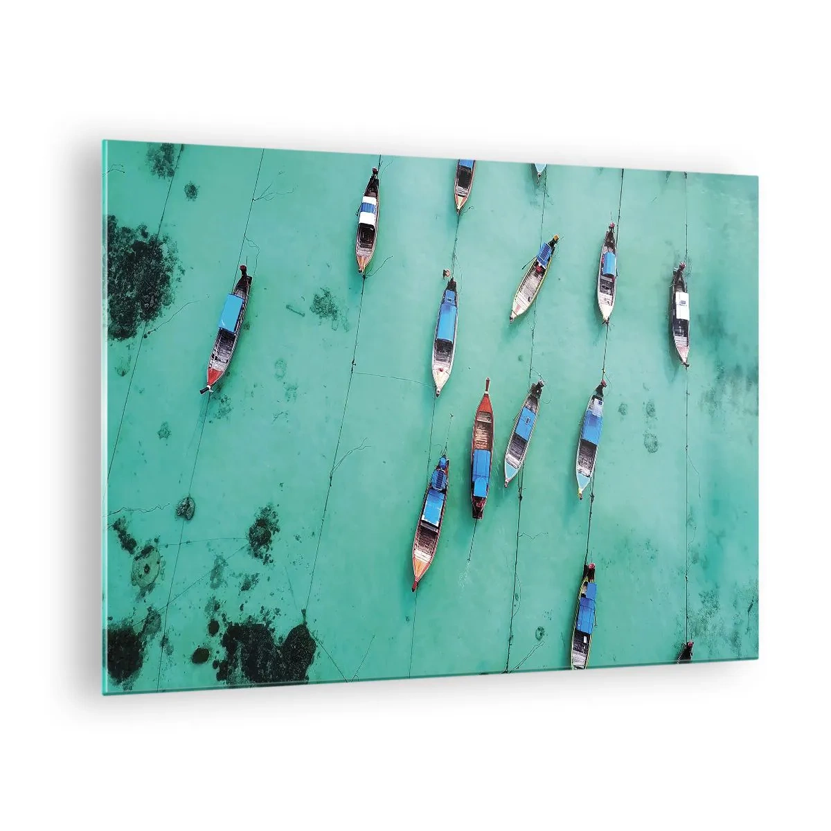 Quadro em vidro - Barcos em águas turquesas vistos de cima - 70x50cm - Na alegre expectativa - Decoração de parede moderna para a sala de estar e quarto ARTTOR