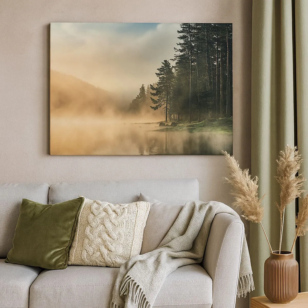 Quadro em tela - Uma floresta enevoada sobre um lago calmo - 70x50cm - O nascimento do dia - Decoração de parede moderna para a sala de estar e quarto ARTTOR