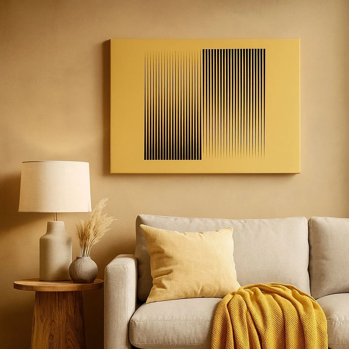 Quadro em tela - Linhas pretas verticais em um fundo amarelo - 70x50cm - Quadratura de opostos - Decoração de parede moderna para a sala de estar e quarto ARTTOR