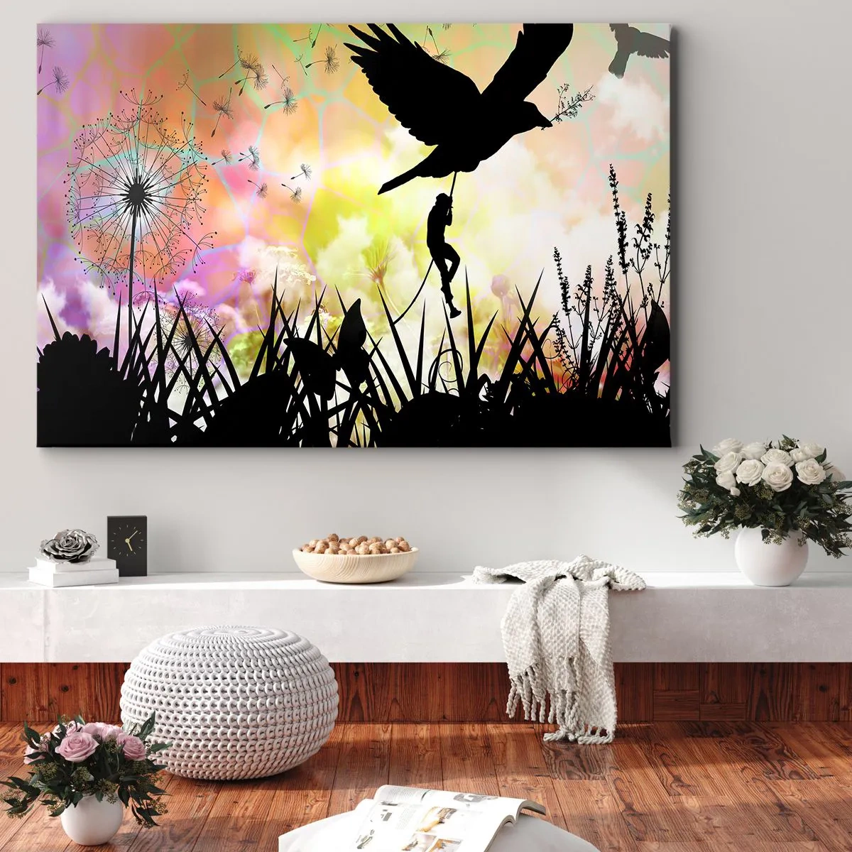 Quadro em tela - Silhueta da natureza com um pássaro e um dente-de-leão - 70x50cm - Ambiente de conto de fadas - Decoração de parede moderna para a sala de estar e quarto ARTTOR