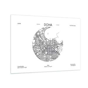 Quadro em vidro - Um mapa gráfico de Doha em estilo minimalista em preto e branco. - 70x50cm - Anatomia de Doha - Decoração de parede moderna para a sala de estar e quarto ARTTOR