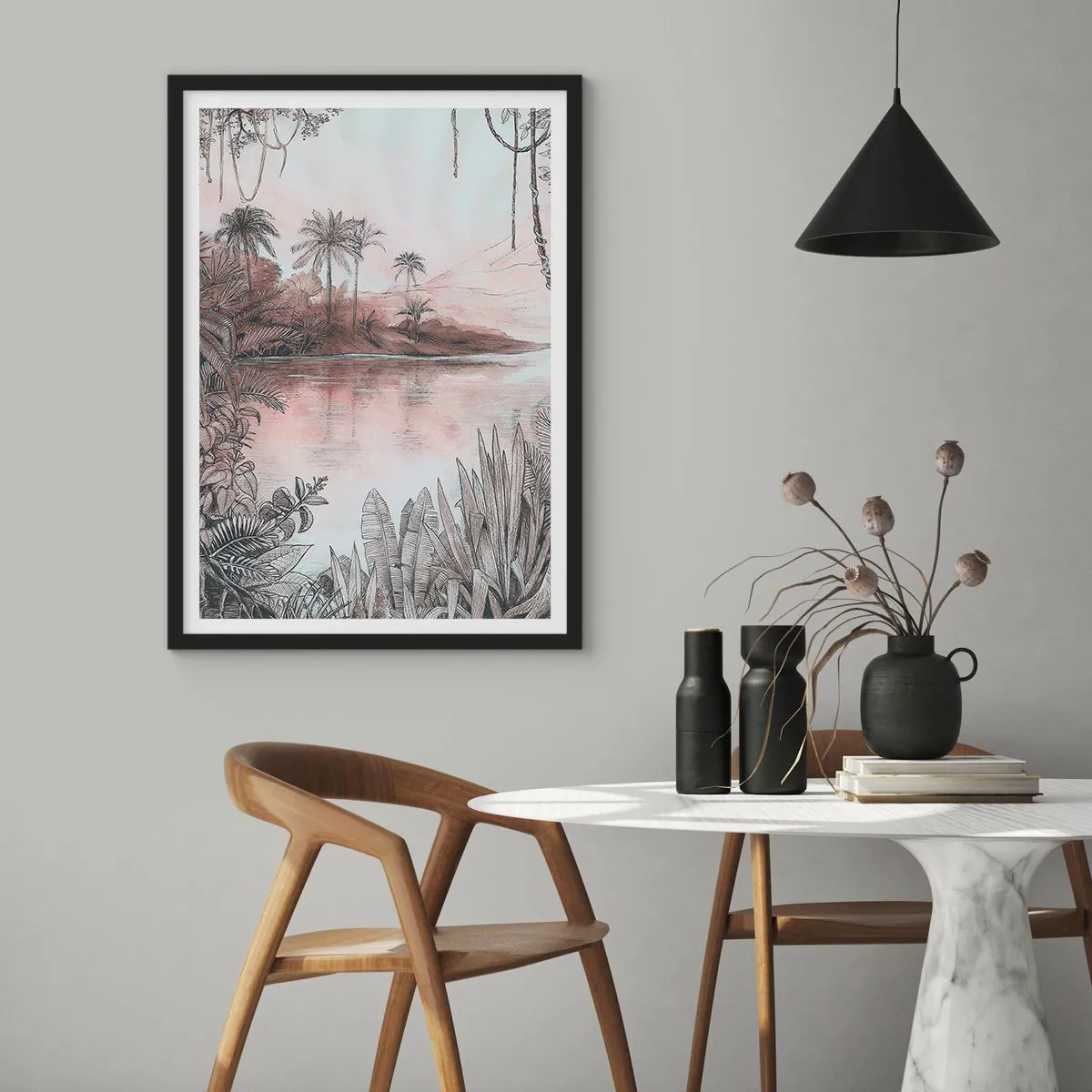 Pôster com moldura preta - Paisagem exótica à beira da água - 50x70cm - Diário de um explorador do século 19 - Decoração de parede moderna para a sala de estar e quarto ARTTOR