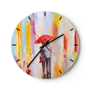 Relógio de parede - Relógio em vidro - Uma figura com um guarda-chuva vermelho contra o fundo de uma cidade colorida - 30x30cm - Que continue a chover - Decoração de parede moderna para a sala de estar, cozinha e quarto ARTTOR