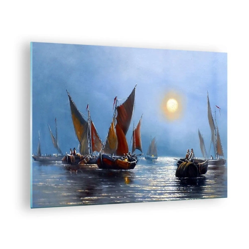 Quadro em vidro - Pesca noturna - 70x50cm - Pesca noturna - Decoração de parede moderna para a sala de estar e quarto ARTTOR