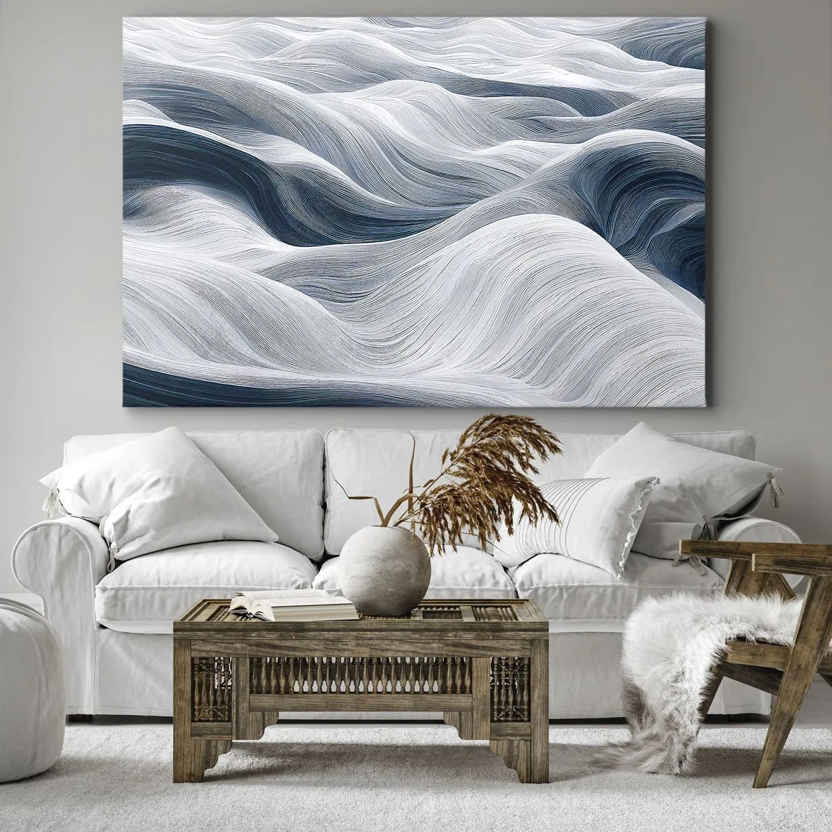 Quadro em tela - Linhas onduladas em tons de azul e branco - 70x50cm - Ondas brancas e azuis - Decoração de parede moderna para a sala de estar e quarto ARTTOR