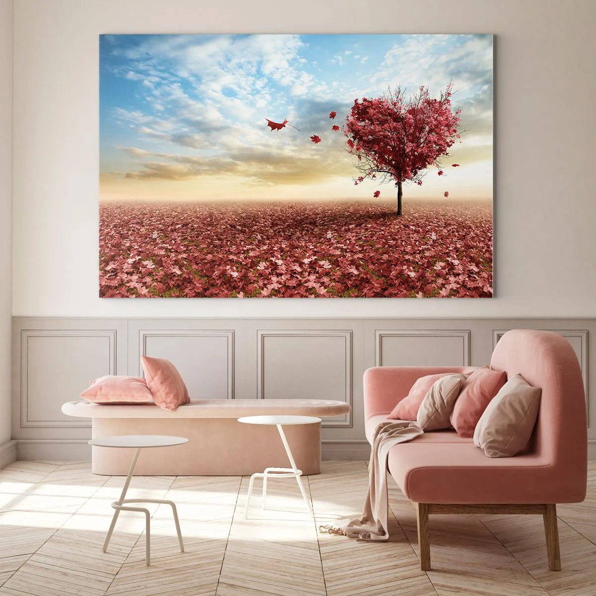 Quadro em vidro - Uma árvore em forma de coração contra um campo de folhas vermelhas - 70x50cm - Ame também o outono  - Decoração de parede moderna para a sala de estar e quarto ARTTOR
