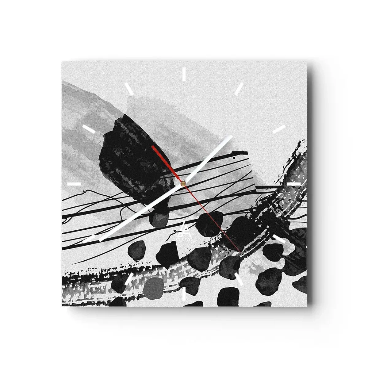 Relógio de parede - Relógio em vidro - Abstração orgánica em preto e branco - 30x30 cm