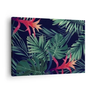 Quadro em tela - Folhas e flores tropicais em um fundo escuro - 70x50cm - Queimar em verde - Decoração de parede moderna para a sala de estar e quarto ARTTOR