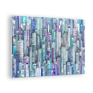 Quadro em vidro - Ilustração de uma cidade cheia de arranha-céus em tons frios - 70x50cm - Azul do céu - Decoração de parede moderna para a sala de estar e quarto ARTTOR