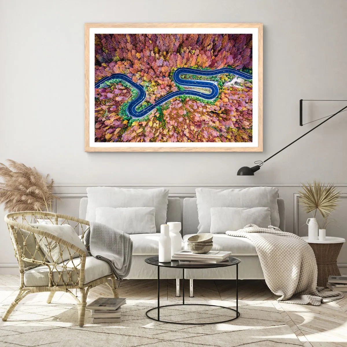 Pôster com moldura de carvalho claro - Estrada sinuosa pela floresta - 91x61 cm