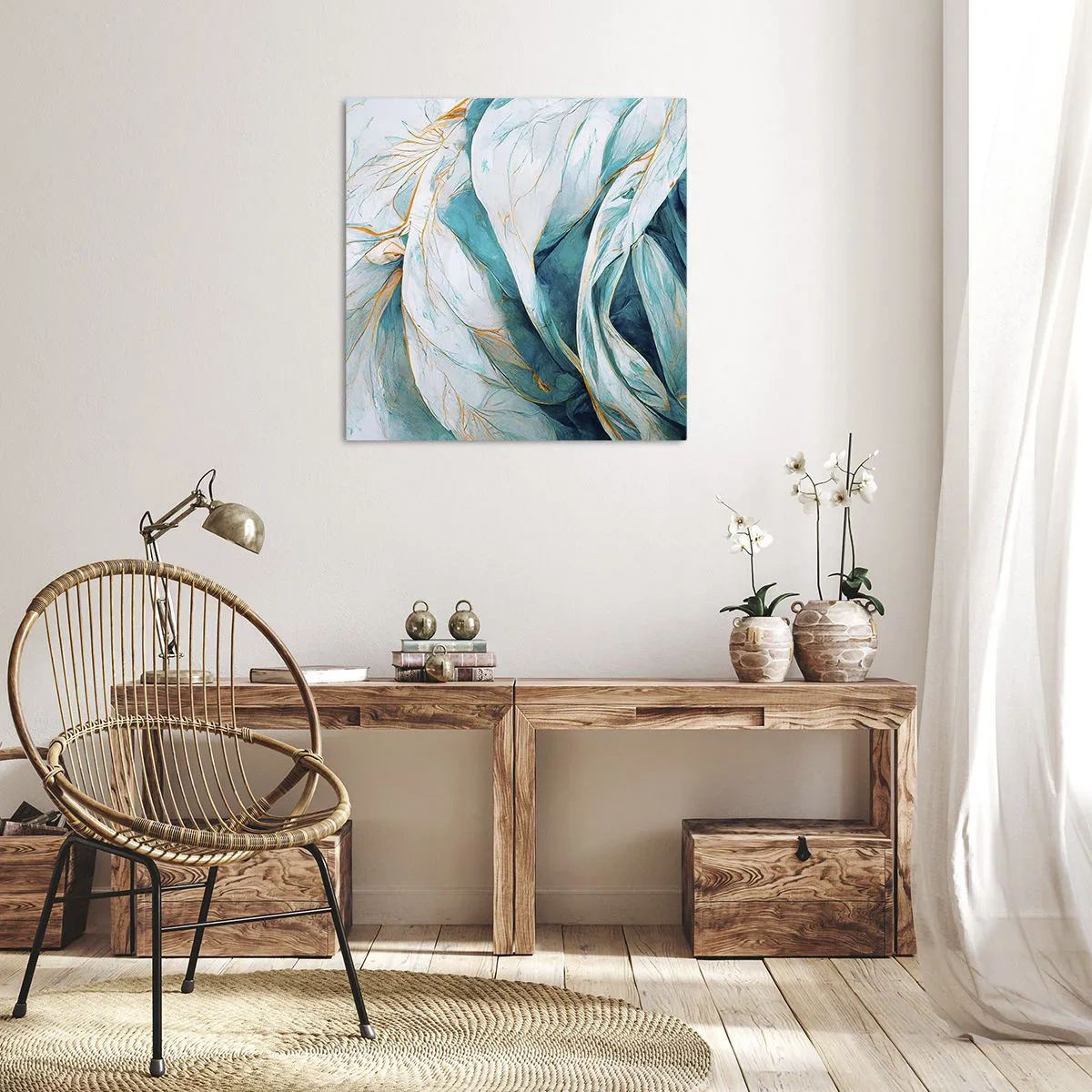 Quadro em tela - Abstração azul com lema dourado - 30x30 cm