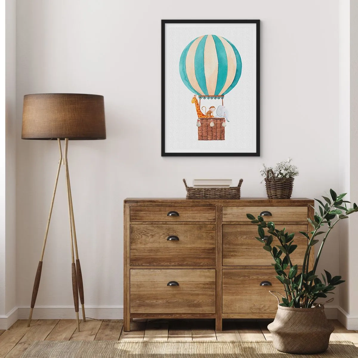 Pôster com moldura preta - Ilustração em aquarela de um balão de ar quente com animais fofos - 50x70cm - Viagem fantástica - Decoração de parede moderna para a sala de estar e quarto ARTTOR