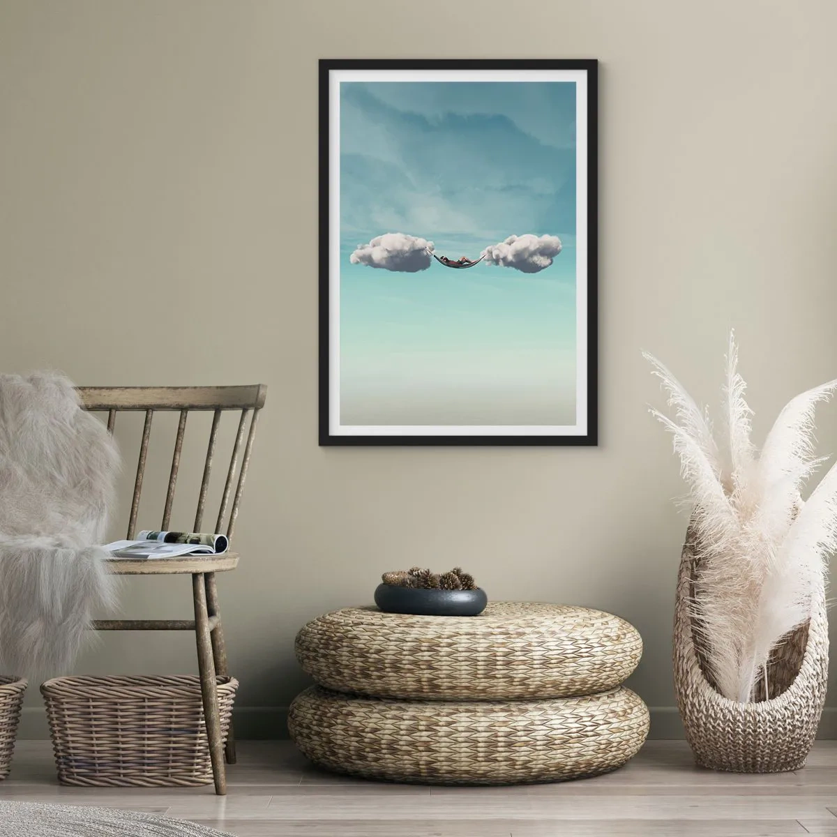 Pôster com moldura preta - Uma rede suspensa entre duas nuvens contra o céu - 50x70cm - A felicidade do momento - Decoração de parede moderna para a sala de estar e quarto ARTTOR
