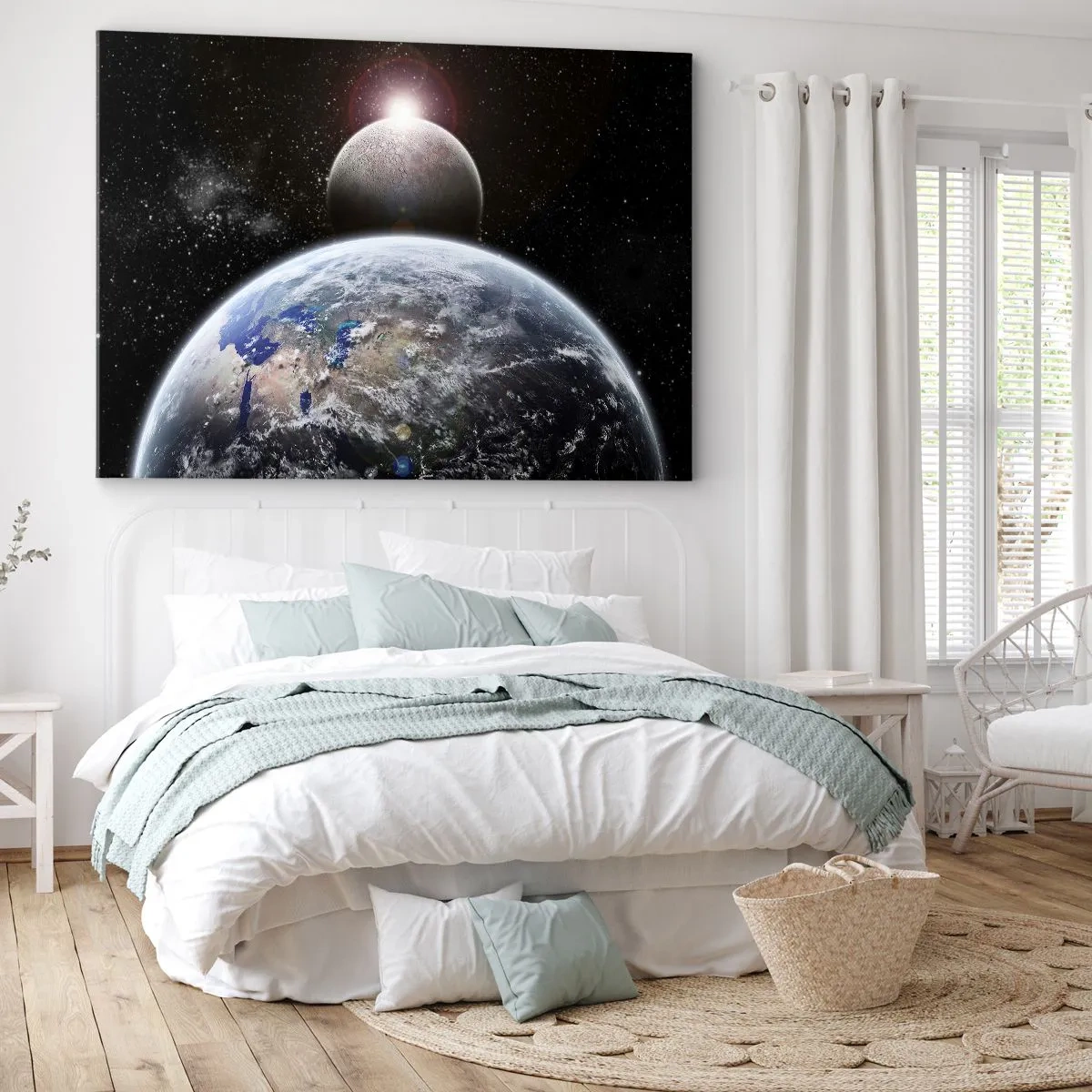 Quadro em tela - Planeta Terra e a Lua tendo como pano de fundo o espaço sideral estrelado. - 70x50cm - Paisagem espacial - o nascer do sol - Decoração de parede moderna para a sala de estar e quarto ARTTOR