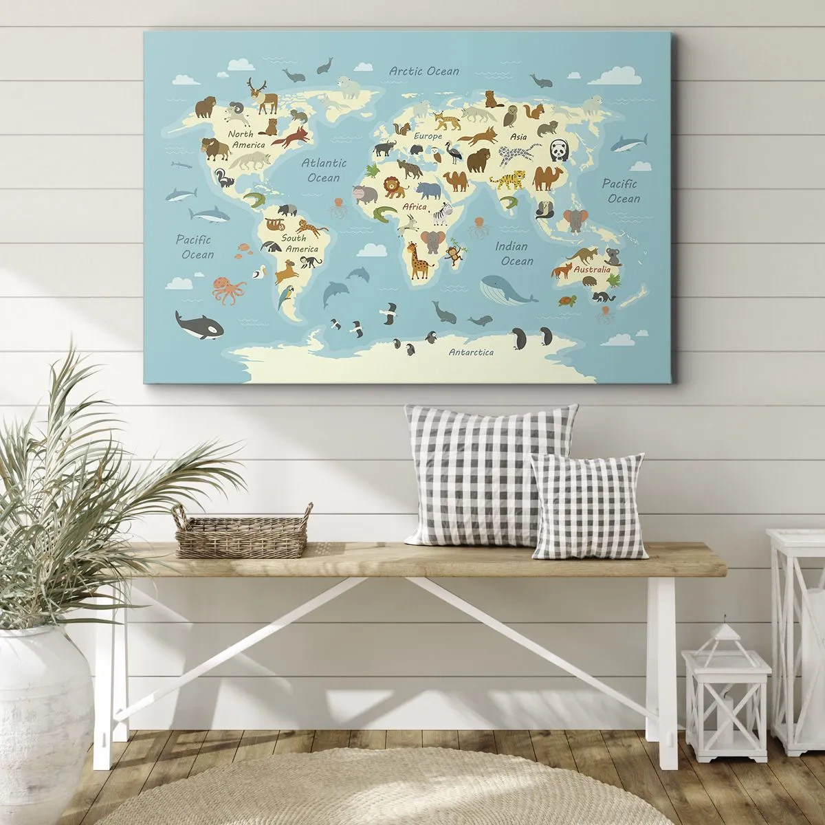 Quadro em tela - Mapa-múndi com ilustrações de animais - 70x50cm - Bons vizinhos - Decoração de parede moderna para a sala de estar e quarto ARTTOR