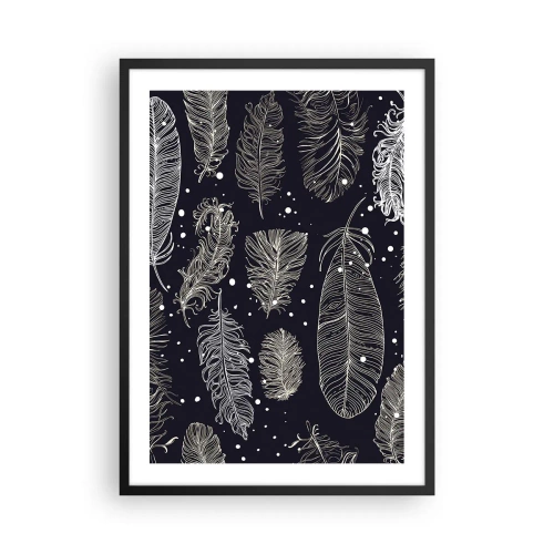 Pôster com moldura preta - Penas brancas sobre fundo preto em um arranjo elegante - 50x70cm - Rendas de penas - Decoração de parede moderna para a sala de estar e quarto ARTTOR