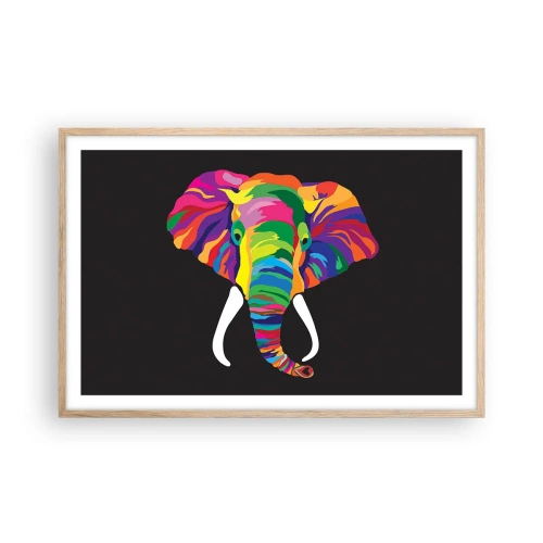 Pôster com moldura de carvalho claro - O elefante que adorava banhar-se no arco-íris - 91x61 cm