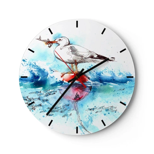 Relógio de parede - Relógio em vidro - Uma gaivota com um peixe em uma bóia entre as ondas, retratada em estilo aquarela - 30x30cm - Pesca bem sucedida - Decoração de parede moderna para a sala de estar, cozinha e quarto ARTTOR