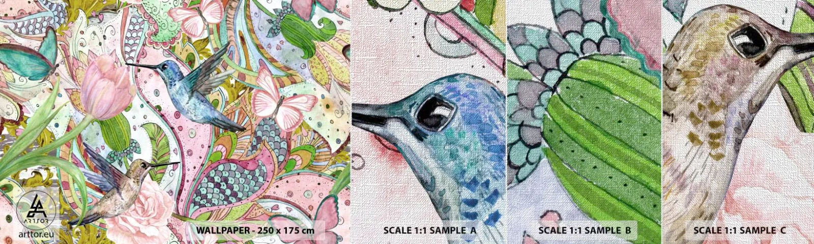 Amostra de papel de parede Premium Canvas - Emaranhados em trepadeiras - Flores, Pássaro, Borboleta - 100x30 cm