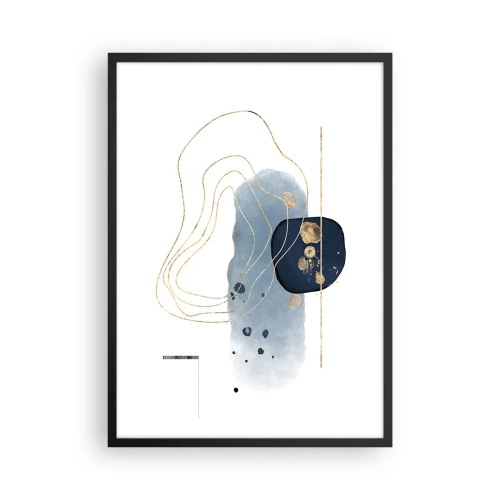 Pôster com moldura preta - Uma composição abstrata moderna em tons de azul e dourado. - 50x70cm - Fantasia azul e dourada - Decoração de parede moderna para a sala de estar e quarto ARTTOR