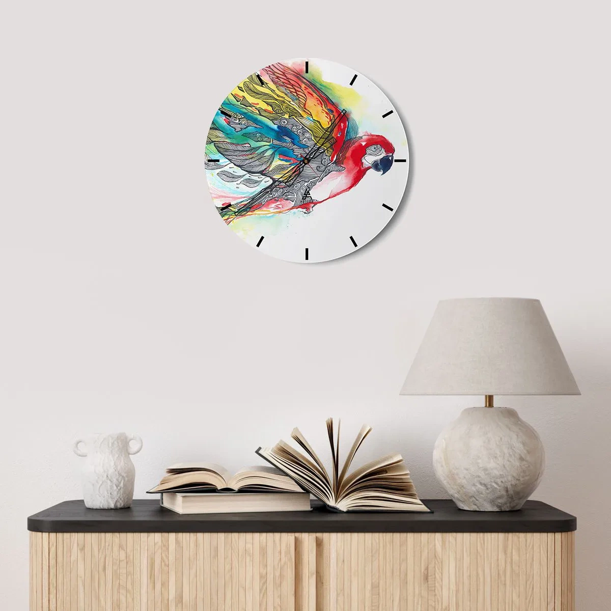 Relógio de parede - Relógio em vidro - Um papagaio de cores intensas com padrões decorativos nas asas - 30x30cm - Viva com cor - Decoração de parede moderna para a sala de estar, cozinha e quarto ARTTOR