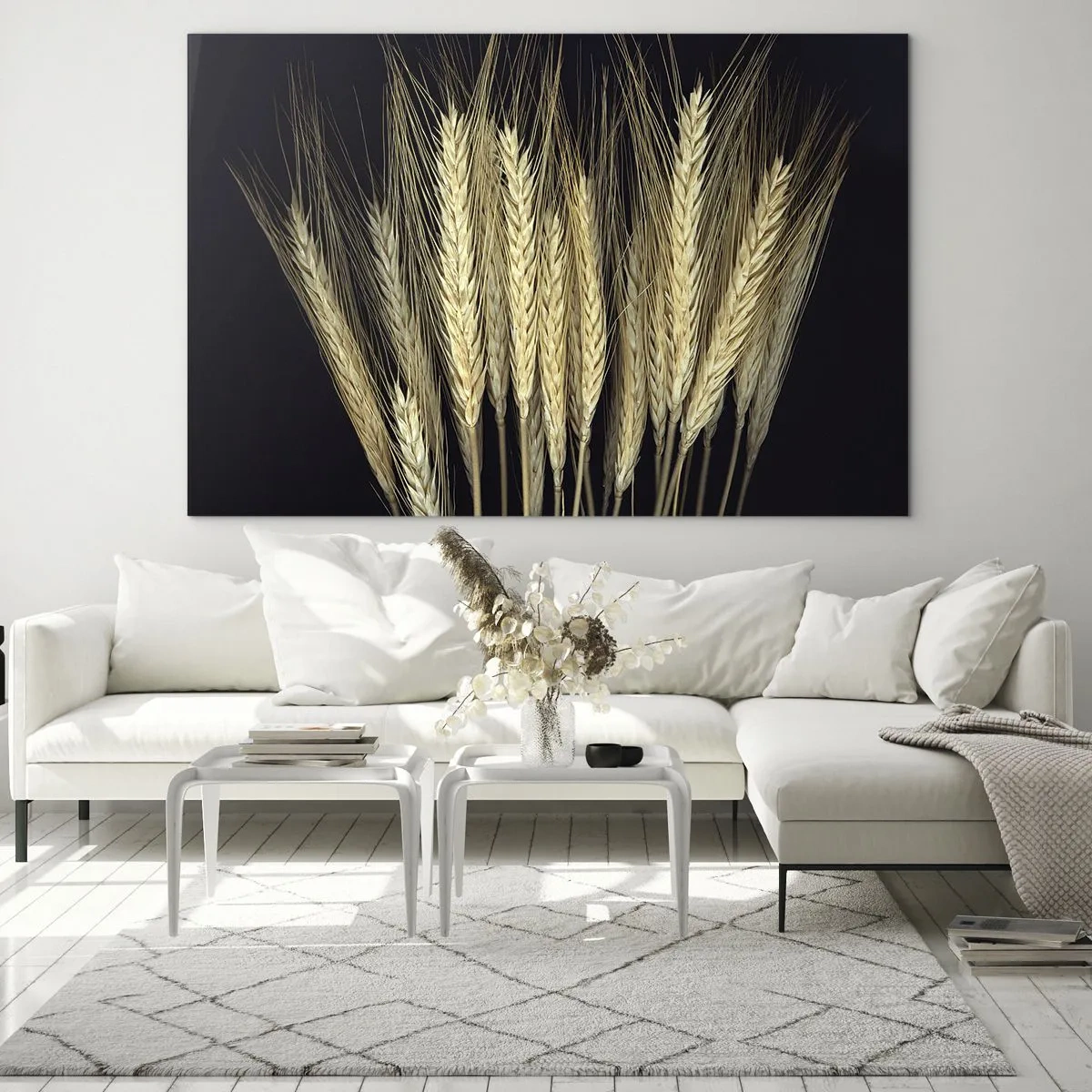 Quadro em vidro - Grão em tons quentes sobre fundo preto - 70x50cm - Magia rústica - Decoração de parede moderna para a sala de estar e quarto ARTTOR