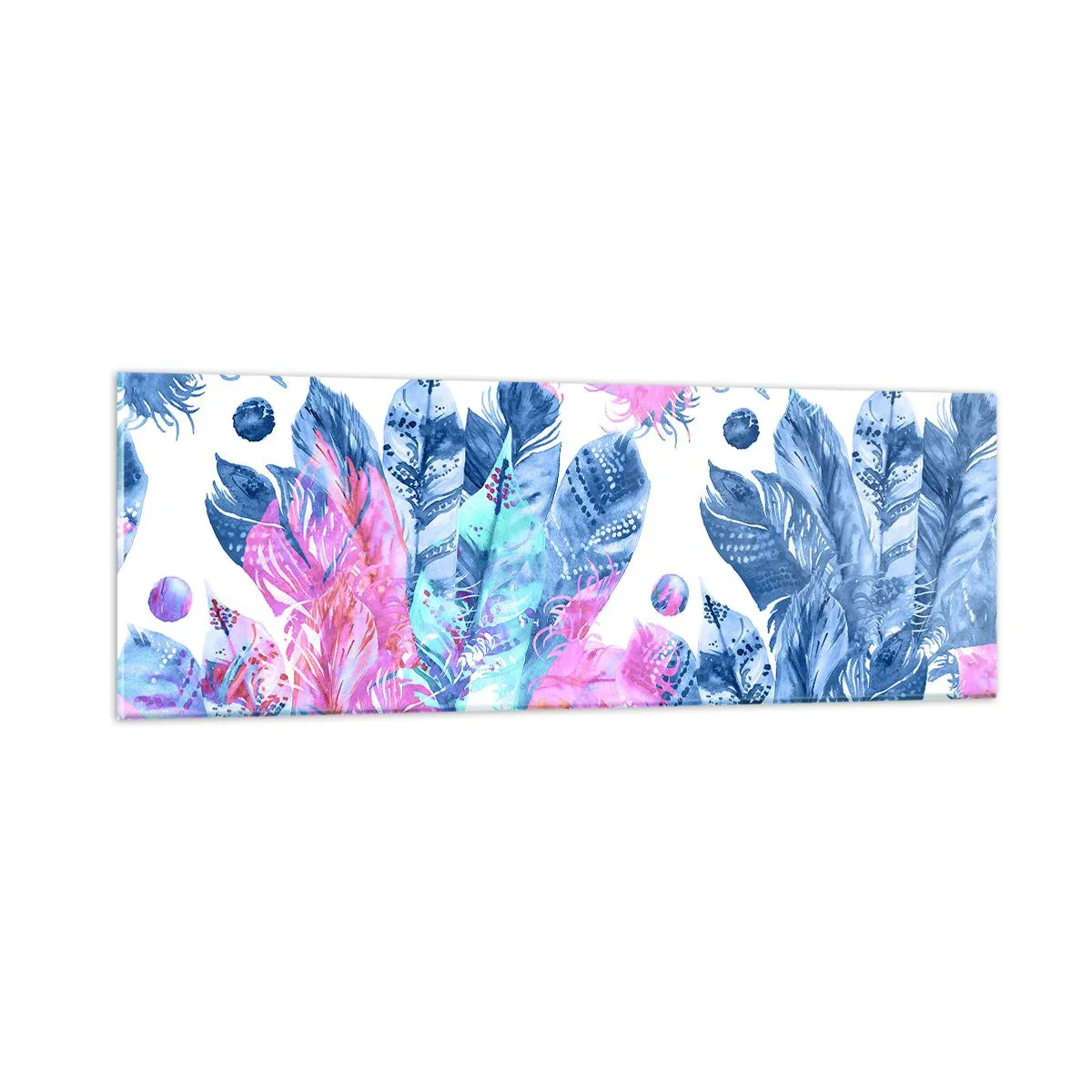 Quadro em vidro - Plumas em rosa e azul - 90x30 cm