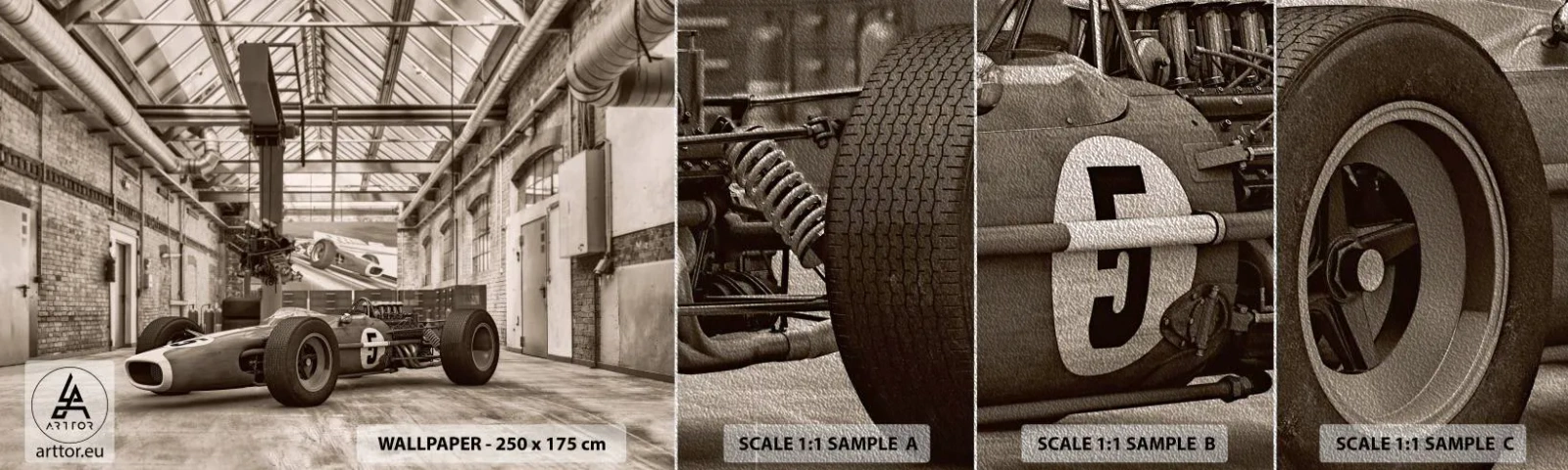 Amostra de papel de parede Premium Sand - O descanso do vencedor - Fórmula 1, Retrô, Automotivo - 100x30 cm