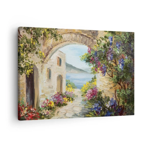 Quadro em tela - Paisagem costeira com edifícios de pedra e flores - 70x50cm - O encanto da província costeira - Decoração de parede moderna para a sala de estar e quarto ARTTOR