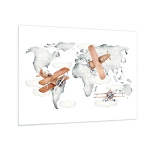Quadro em vidro - Mapa-múndi de avião retrô para crianças - 70x50cm - Com espírito pioneiro - Decoração de parede moderna para a sala de estar e quarto ARTTOR