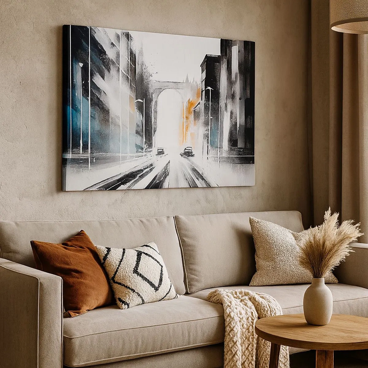Quadro em tela - Panorama abstrato da cidade com uma ponte em arco - 70x50cm - Estudo da cidade: arquitetura e movimento - Decoração de parede moderna para a sala de estar e quarto ARTTOR