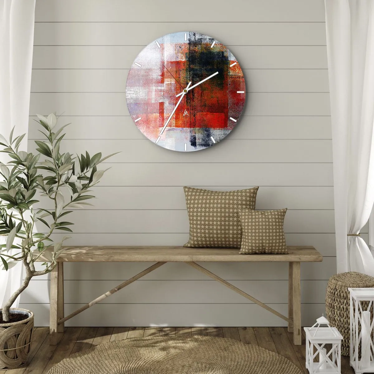 Relógio de parede - Relógio em vidro - Formas geométricas abstratas em tons de vermelho - 30x30cm - A composição brilha - Decoração de parede moderna para a sala de estar, cozinha e quarto ARTTOR