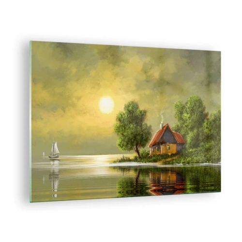 Quadro em vidro - Uma paisagem pitoresca com uma casa de campo à beira do lago ao pôr do sol - 70x50cm - Lindo como uma paisagem - Decoração de parede moderna para a sala de estar e quarto ARTTOR