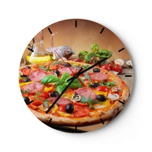 Relógio de parede - Relógio em vidro - Pizza apetitosa com coberturas em uma mesa de madeira - 30x30cm - Com um sabor verdadeiramente italiano - Decoração de parede moderna para a sala de estar, cozinha e quarto ARTTOR