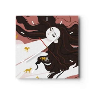 Relógio de parede - Relógio em vidro - Sonho com um cavalo dourado - 40x40 cm