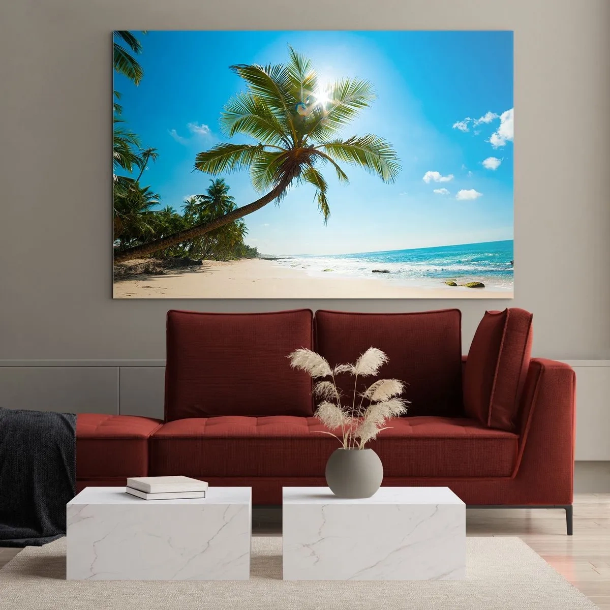 Quadro em vidro - Praia tropical com palmeiras e céu azul - 70x50cm - Não mostre a ninguém - Decoração de parede moderna para a sala de estar e quarto ARTTOR