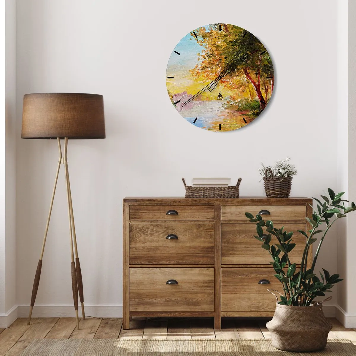 Relógio de parede - Relógio em vidro - Árvores de outono à beira do rio sob o sol quente - 30x30cm - Et in Arcadia ego - Decoração de parede moderna para a sala de estar, cozinha e quarto ARTTOR