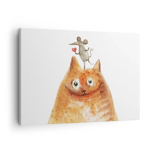 Quadro em tela - Um desenho de um gato com um rato na cabeça segurando um coração - 70x50cm - Paradoxos do amor - Decoração de parede moderna para a sala de estar e quarto ARTTOR