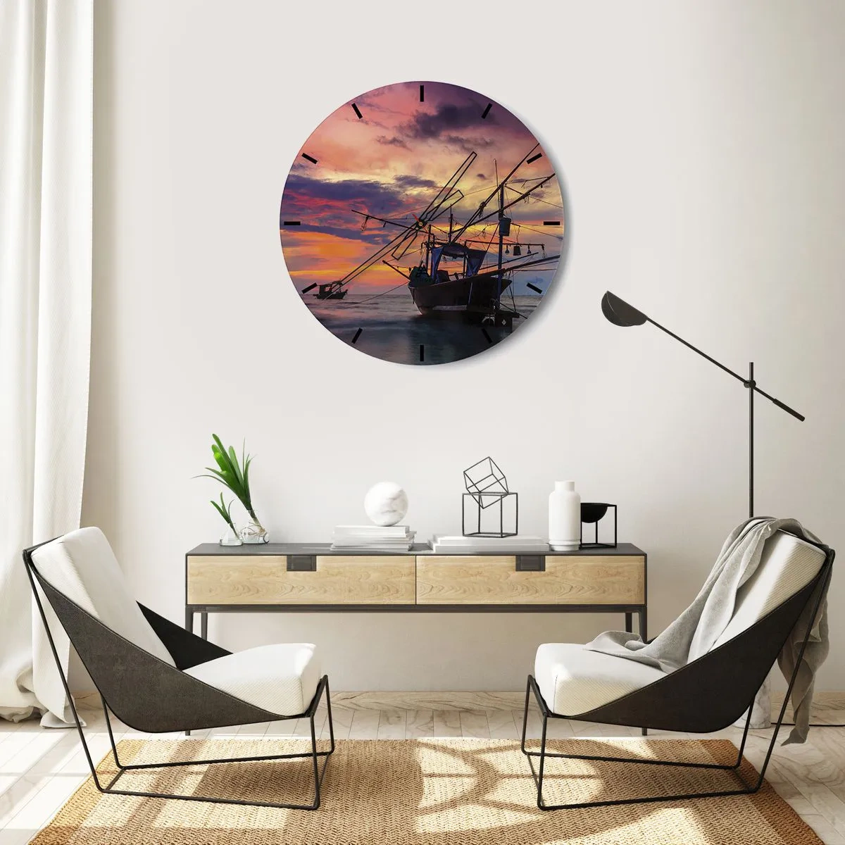 Relógio de parede - Relógio em vidro - Um barco de pesca tendo como pano de fundo o pôr do sol - 30x30cm - Noite exótica - Decoração de parede moderna para a sala de estar, cozinha e quarto ARTTOR