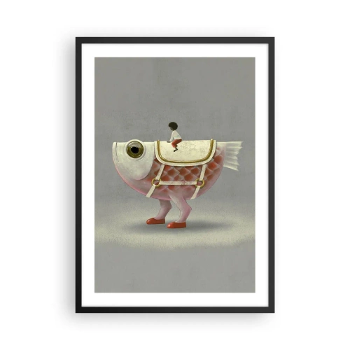 Pôster com moldura preta - Um peixe de fantasia com uma sela e uma figura em um fundo cinza - 50x70cm - O cavaleiro Peixoso - Decoração de parede moderna para a sala de estar e quarto ARTTOR
