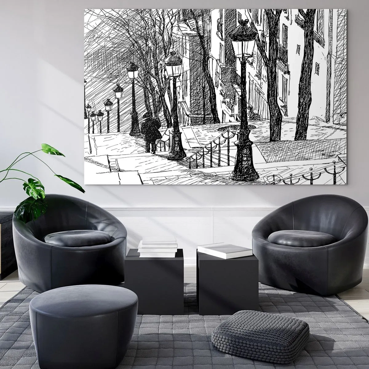 Quadro em vidro - Desenho em preto e branco de uma rua da cidade com lanternas - 70x50cm - Uma história de amor ou uma história de terror? - Decoração de parede moderna para a sala de estar e quarto ARTTOR