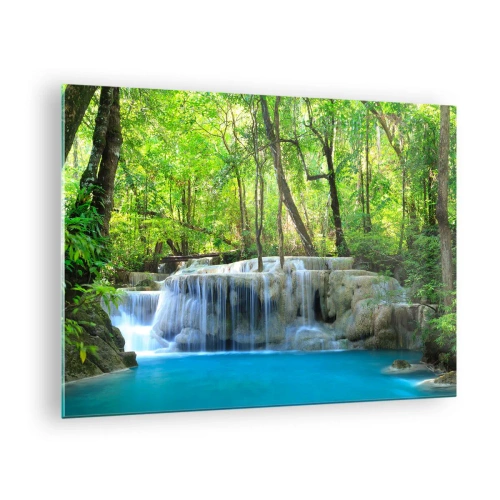 Quadro em vidro - Uma cachoeira cercada por árvores verdes e água azul - 70x50cm - Afogar-se na turquesa e vegetação - Decoração de parede moderna para a sala de estar e quarto ARTTOR