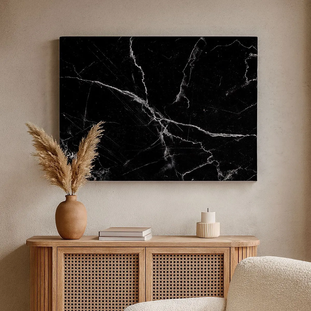 Quadro em tela - Mármore preto com veios brancos no detalhe - 70x50cm - A vida secreta da pedra - Decoração de parede moderna para a sala de estar e quarto ARTTOR