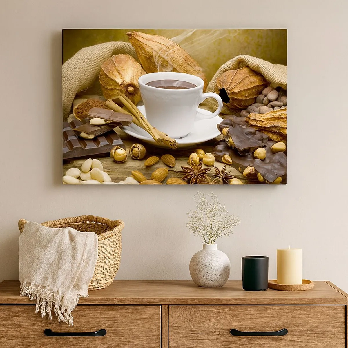Quadro em tela - Uma xícara de chocolate quente cercada de cacau e canela - 70x50cm - Para os que procuram emoções - Decoração de parede moderna para a sala de estar e quarto ARTTOR