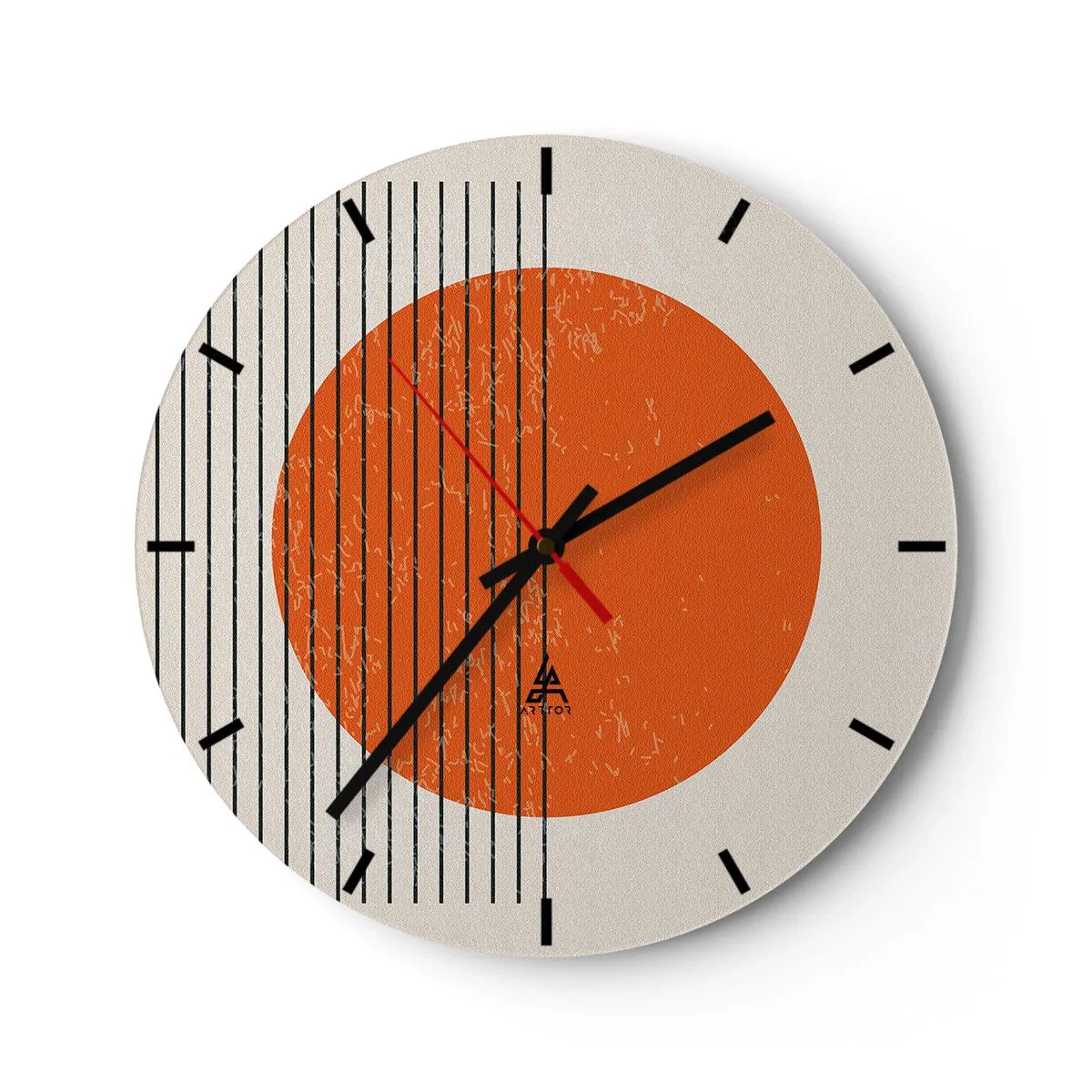 Relógio de parede - Relógio em vidro - Círculo laranja e linhas pretas em um fundo bege - 30x30cm - Sempre sol - Decoração de parede moderna para a sala de estar, cozinha e quarto ARTTOR
