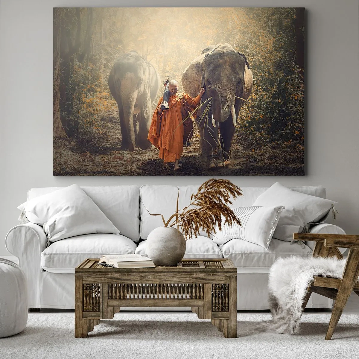 Quadro em tela - Um monge com uma túnica laranja conduz um elefante pela floresta. - 70x50cm - Compreensão completa - Decoração de parede moderna para a sala de estar e quarto ARTTOR